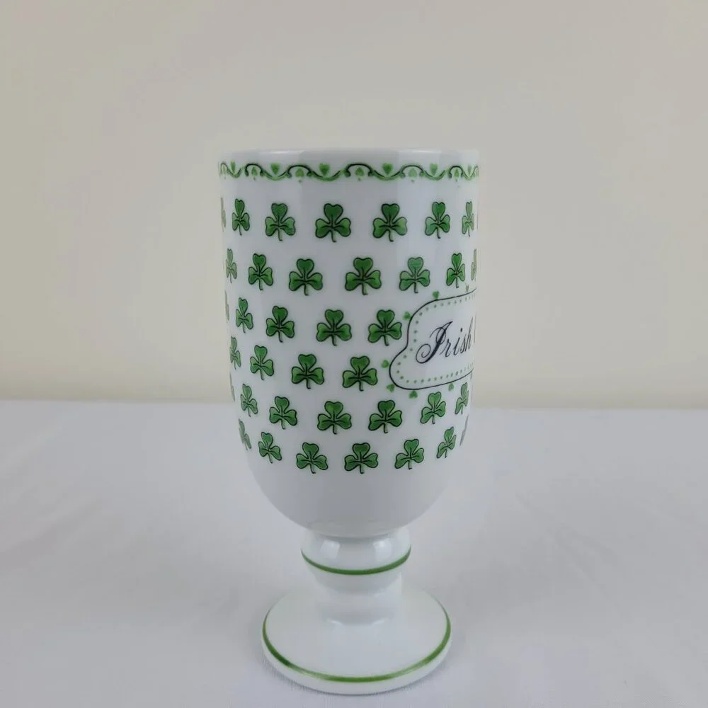 Vintage Irish Coffee Mug Footed Pedestal Green lucky Clover Shamrock 1345, Japan